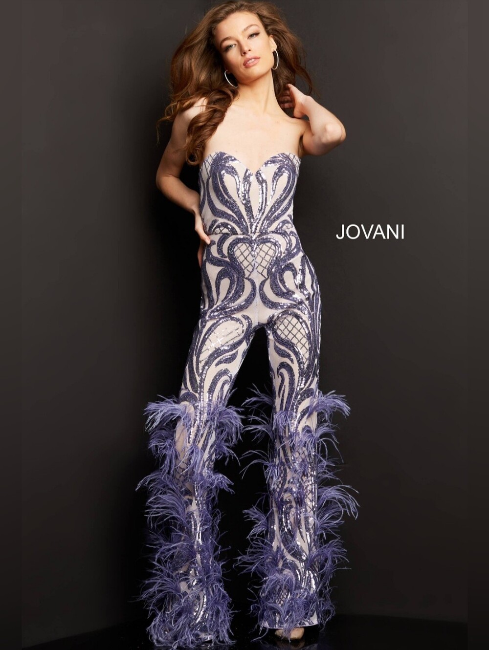 Jovani Lavender Sequin Feather Strapless Jumpsuit # 05669 Size 2